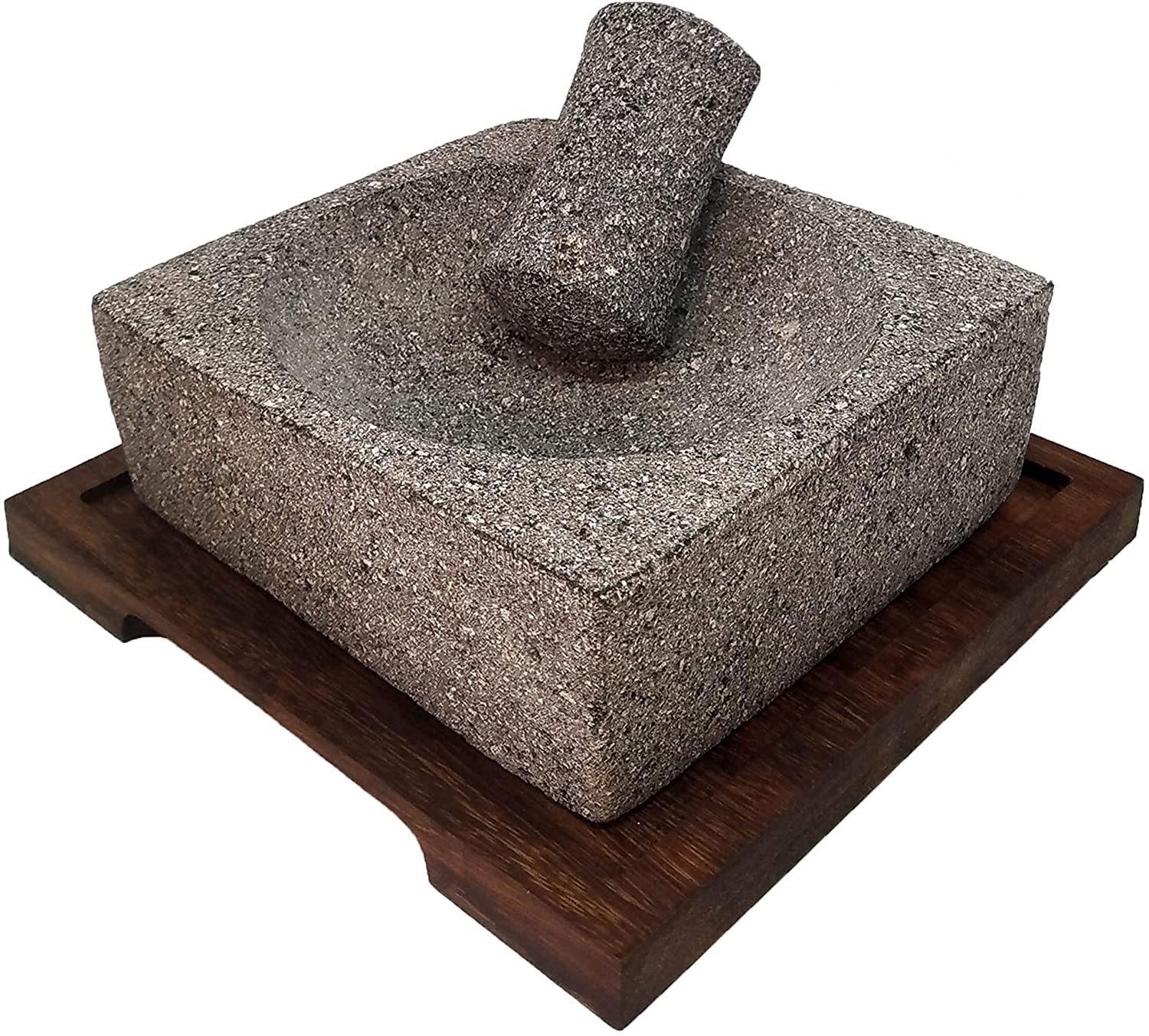 VOLCANIC ROCK PRODUCTS / 8'' Square Mortar and Pestle Set with Parota Wood Serving Board